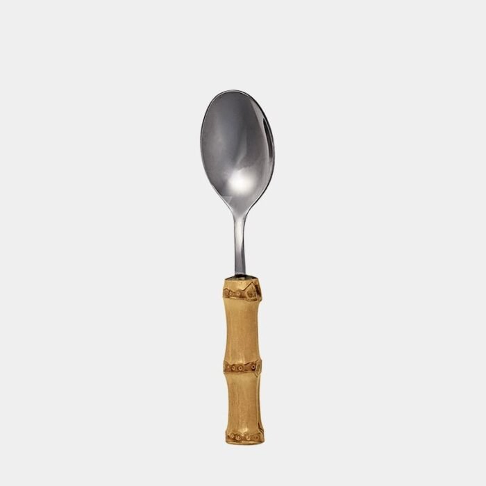 Colher de chá de inox prateado da Tramontina com cabo de bambu natural marrom queimado|colher para cha