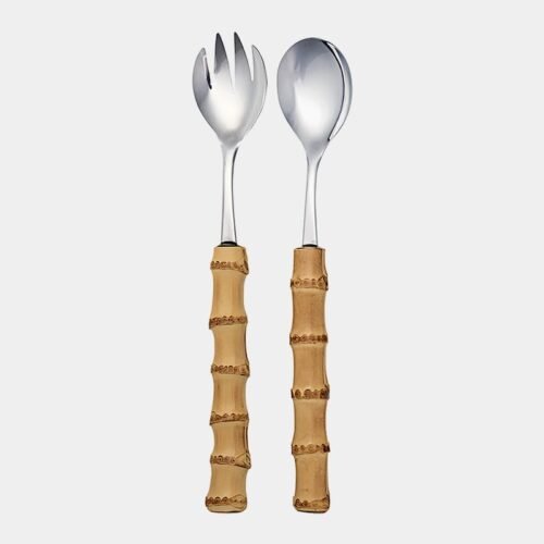 Conjunto para servir salada com uma colher e um garfo de inox prateado da Tramontina com cabo de bambu natural marrom queimado|Garfo e colher para servir salada com cabo de bambu natural|conjuno para servir salada