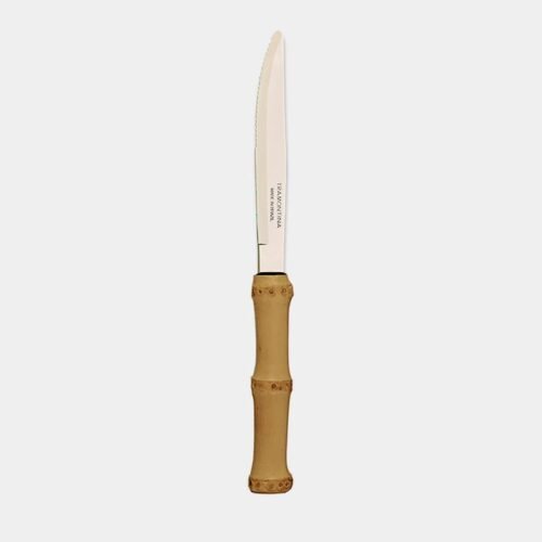 Faca de mesa com lamina de inox da Tramontina e cabo produzido com a raiz do bambu de cor marrom queimado|Faca de jantar com cabo de bambu natural