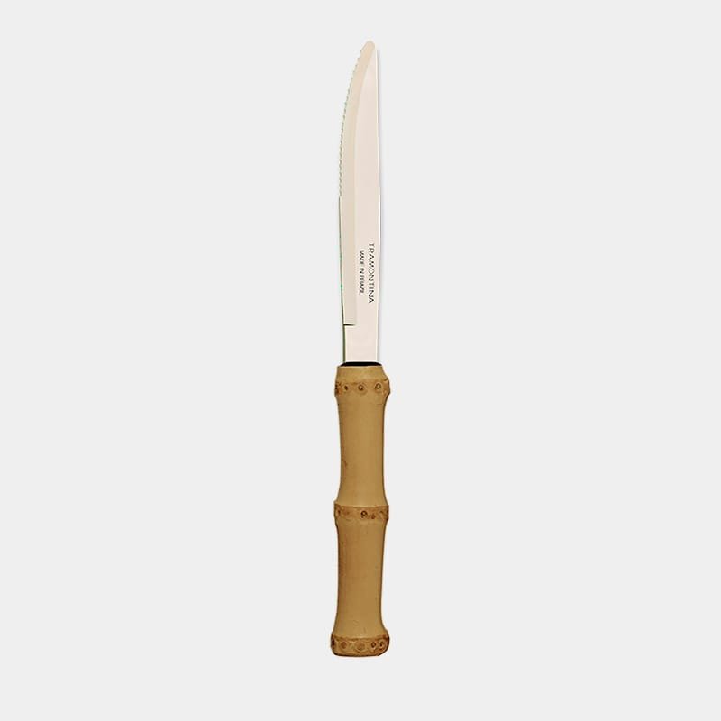 Faca de mesa com lamina de inox da Tramontina e cabo produzido com a raiz do bambu de cor marrom queimado|Faca de jantar com cabo de bambu natural