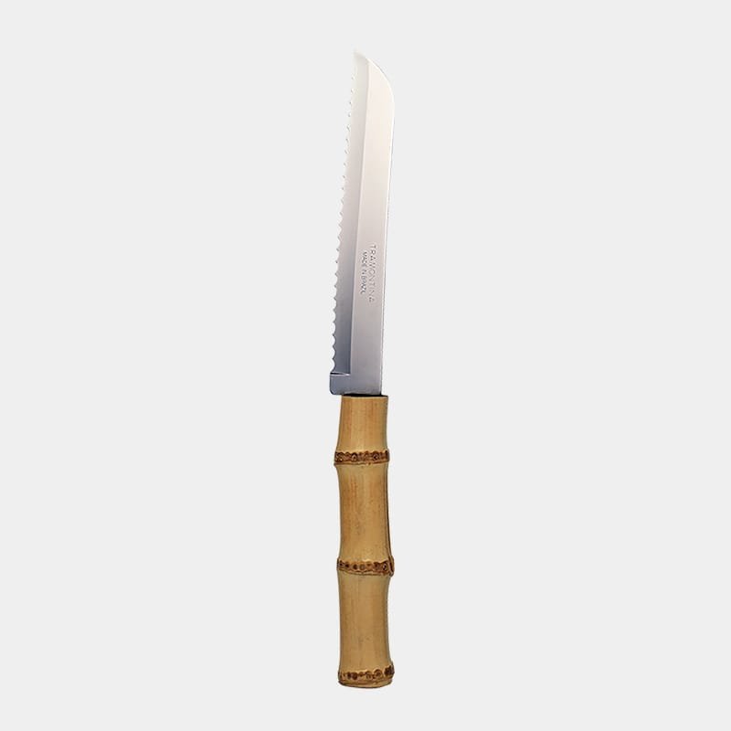 Faca para cortar pão de inox prateada da Tramontina com cabo de bambu natural marrom queimado|faca para cortar pao