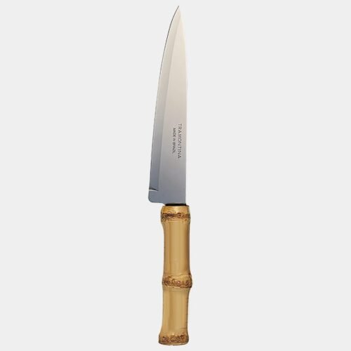 Faca churrasco tipo chef com lamina de inox prateado da Tramontina com cabo de bambu natural marrom queimado|Faca de churrasco