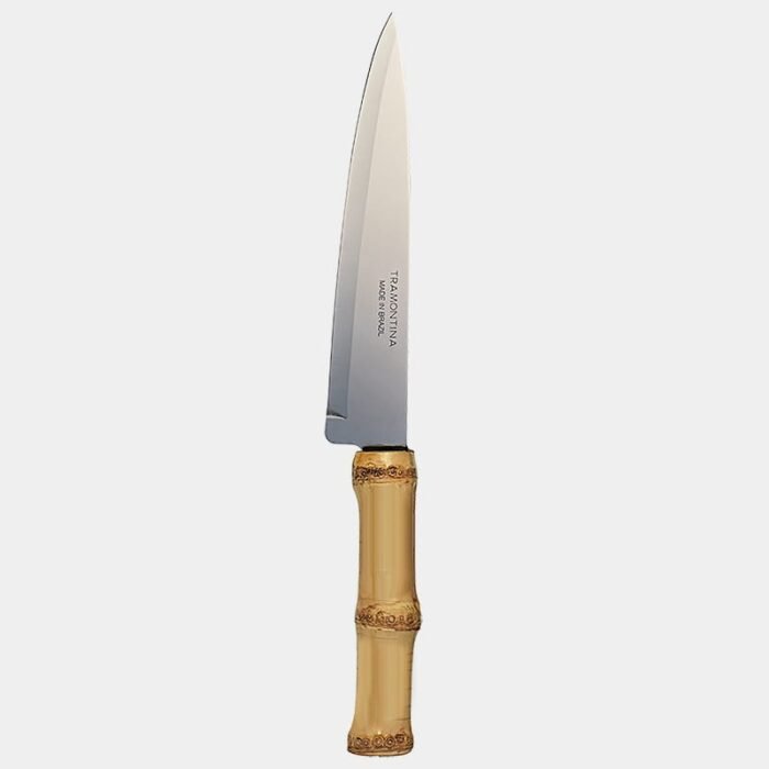 Faca churrasco tipo chef com lamina de inox prateado da Tramontina com cabo de bambu natural marrom queimado|Faca de churrasco