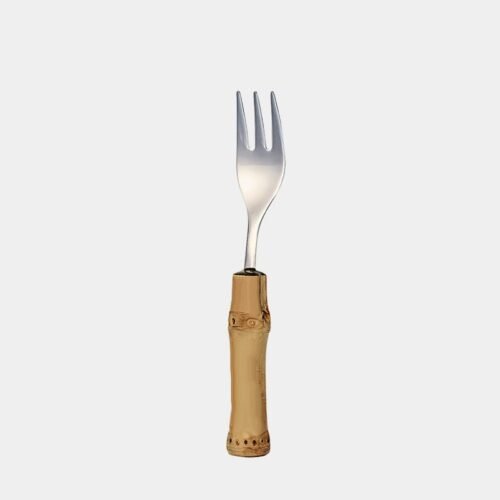 Garfinho pequeno para torta de inox prateado da Tramontina com cabo de bambu natural marrom queimado|garfinho para torta