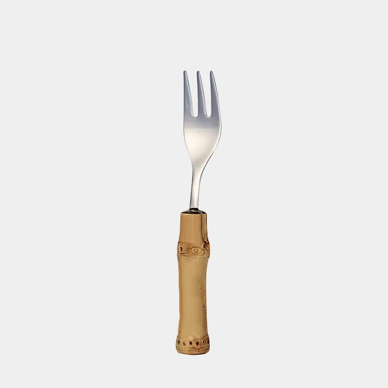 Garfinho pequeno para torta de inox prateado da Tramontina com cabo de bambu natural marrom queimado|garfinho para torta