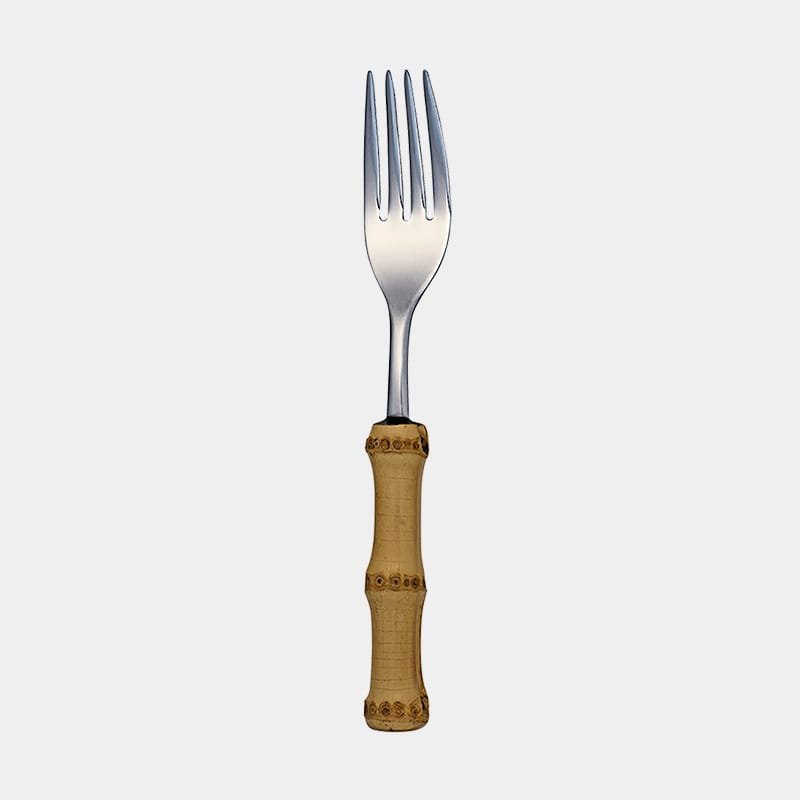 Garfo de mesa de inox prateado da Tramontina com cabo de bambu natural marrom queimado|garfo de jantar da Tramontina com cabo de bambu natural