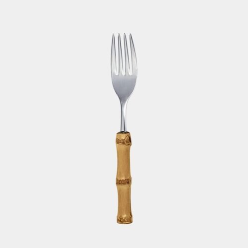 Garfo de sobremesa de inox prateado da Tramontina com cabo de bambu natural marrom queimado|garfo para sobremesa com cabo de bambu natural