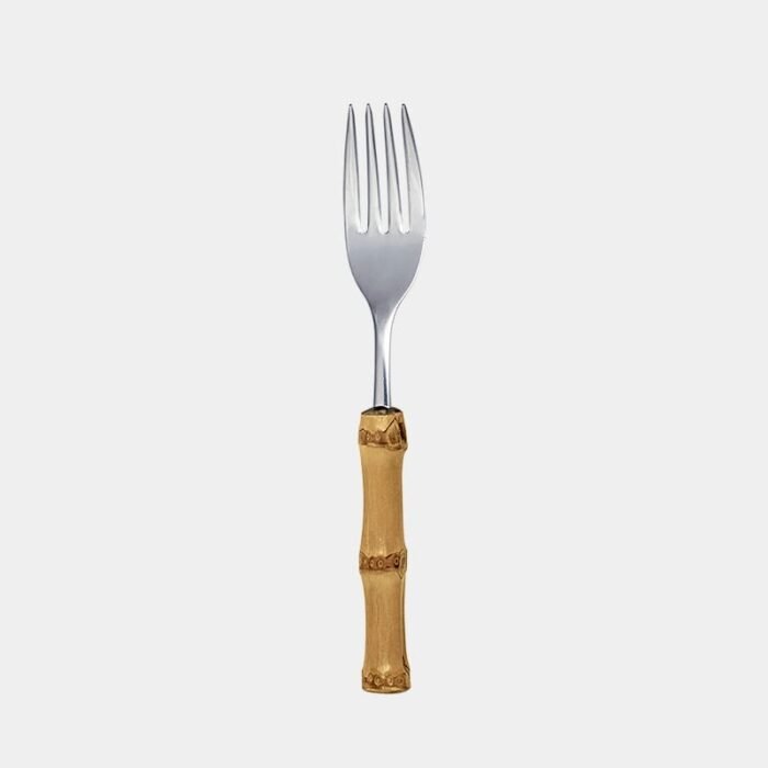 Garfo de sobremesa de inox prateado da Tramontina com cabo de bambu natural marrom queimado|garfo para sobremesa com cabo de bambu natural