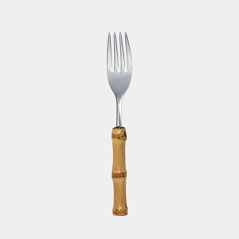 Garfo de sobremesa de inox prateado da Tramontina com cabo de bambu natural marrom queimado|garfo para sobremesa com cabo de bambu natural