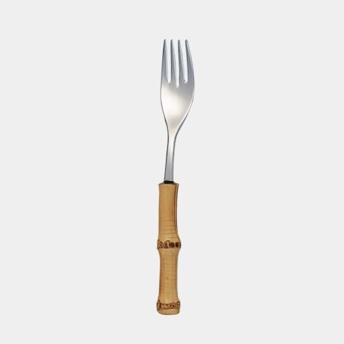Garfo de mesa para peixe de inox prateado da Tramontina com cabo de bambu natural marrom queimado|Garfo para peixe