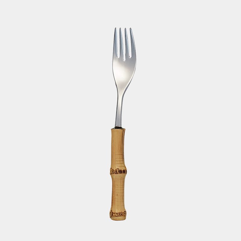 Garfo de mesa para peixe de inox prateado da Tramontina com cabo de bambu natural marrom queimado|Garfo para peixe