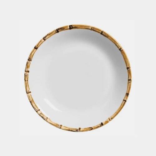 Prato raso de mesa com borda pintada a mao com desenho de bambu